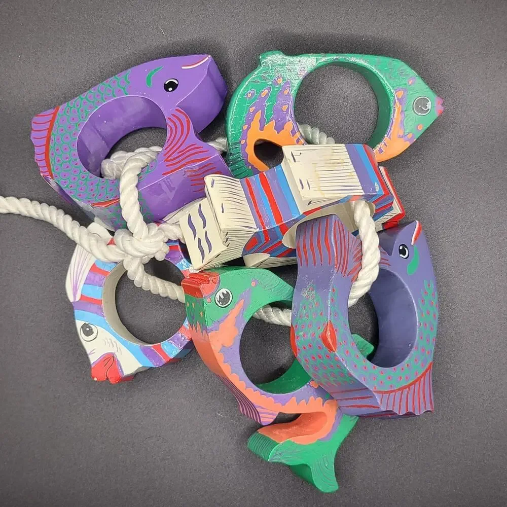 Hand Painted Colorful Festive Wood Fish Napkin Rings Set Of‎ 6